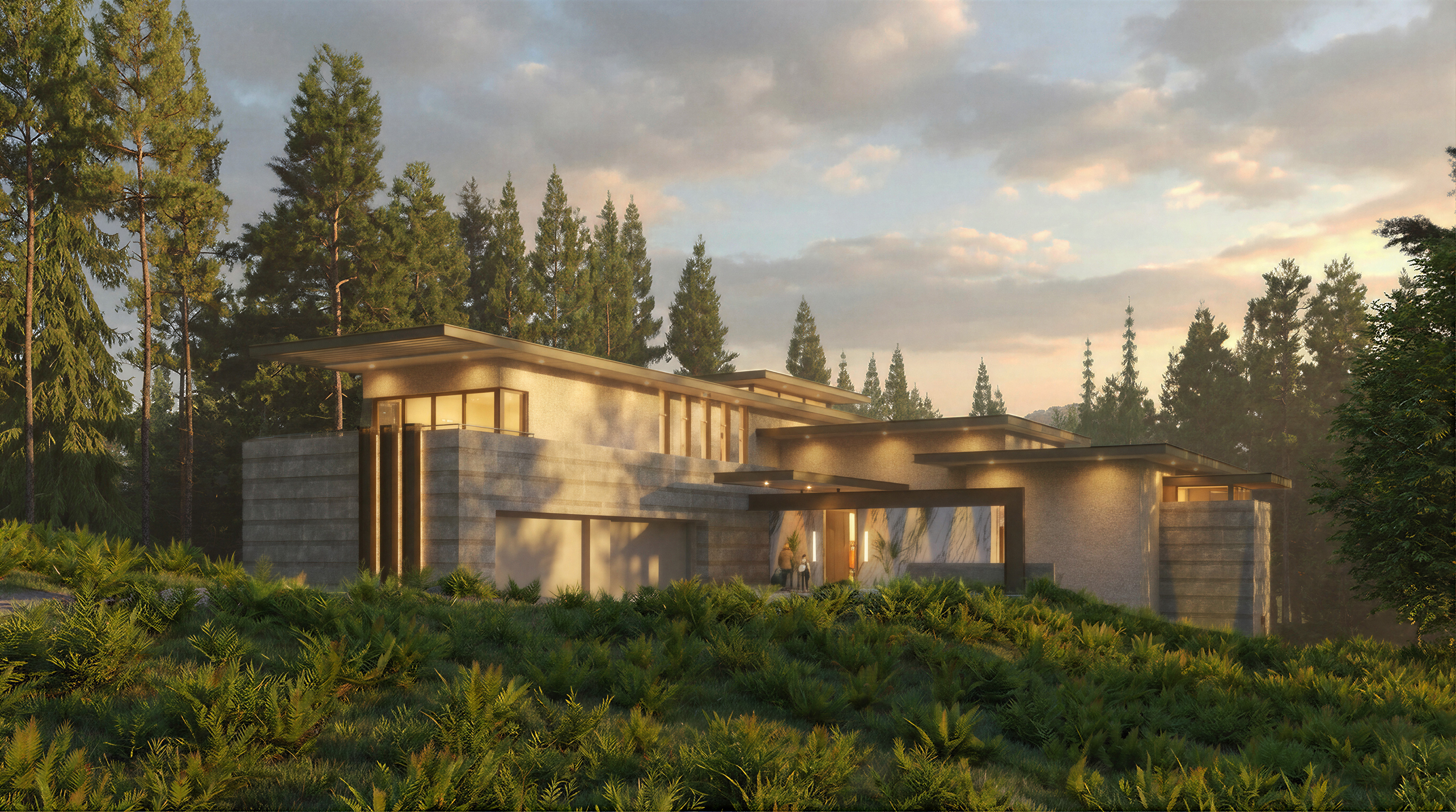 Kotipalli Residences — Forest Edge, horizontal modern house at evening among Pacific Northwest ferns and conifers