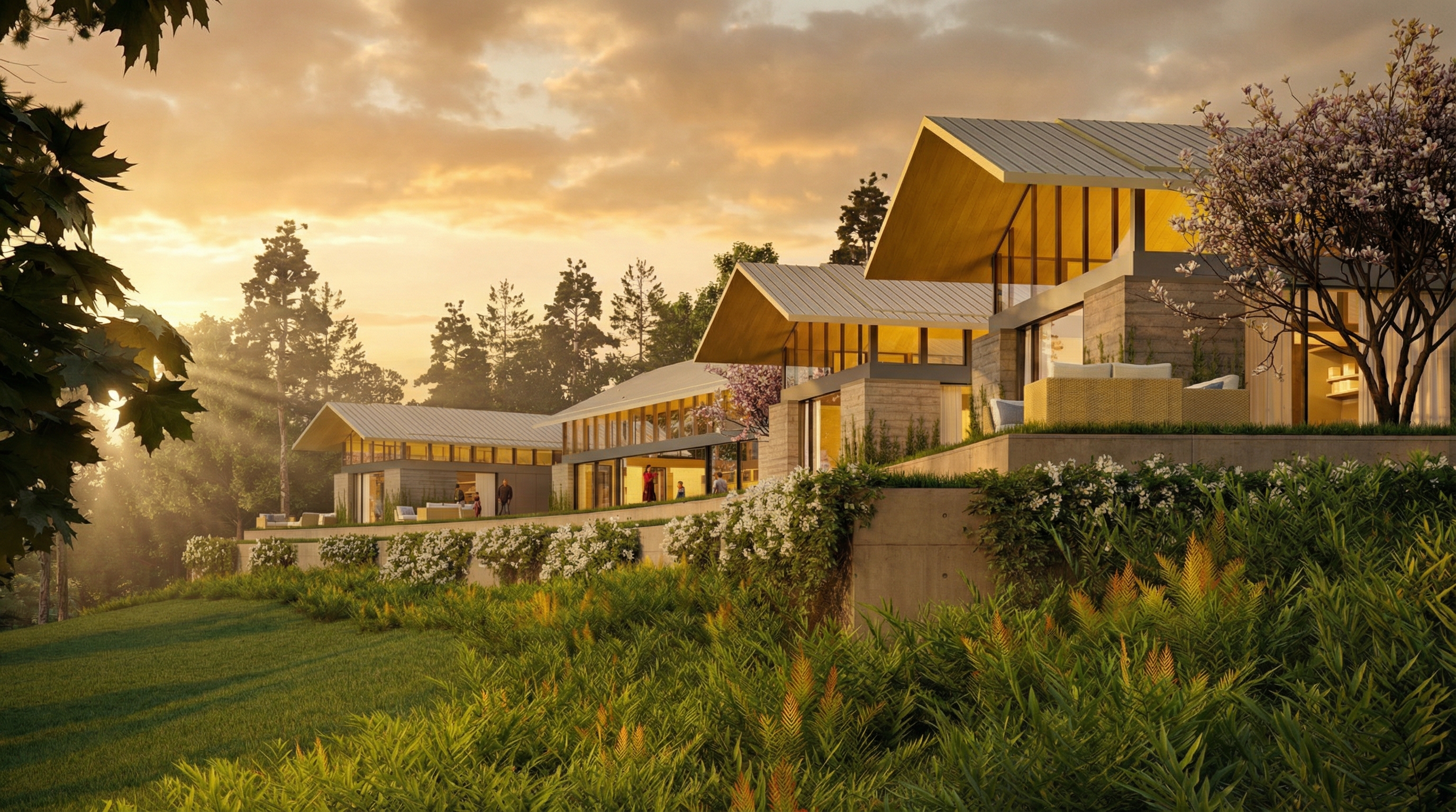 Watsons Residences — Sunset Terrace, garden arrival at dusk with dramatic golden Pacific Northwest light