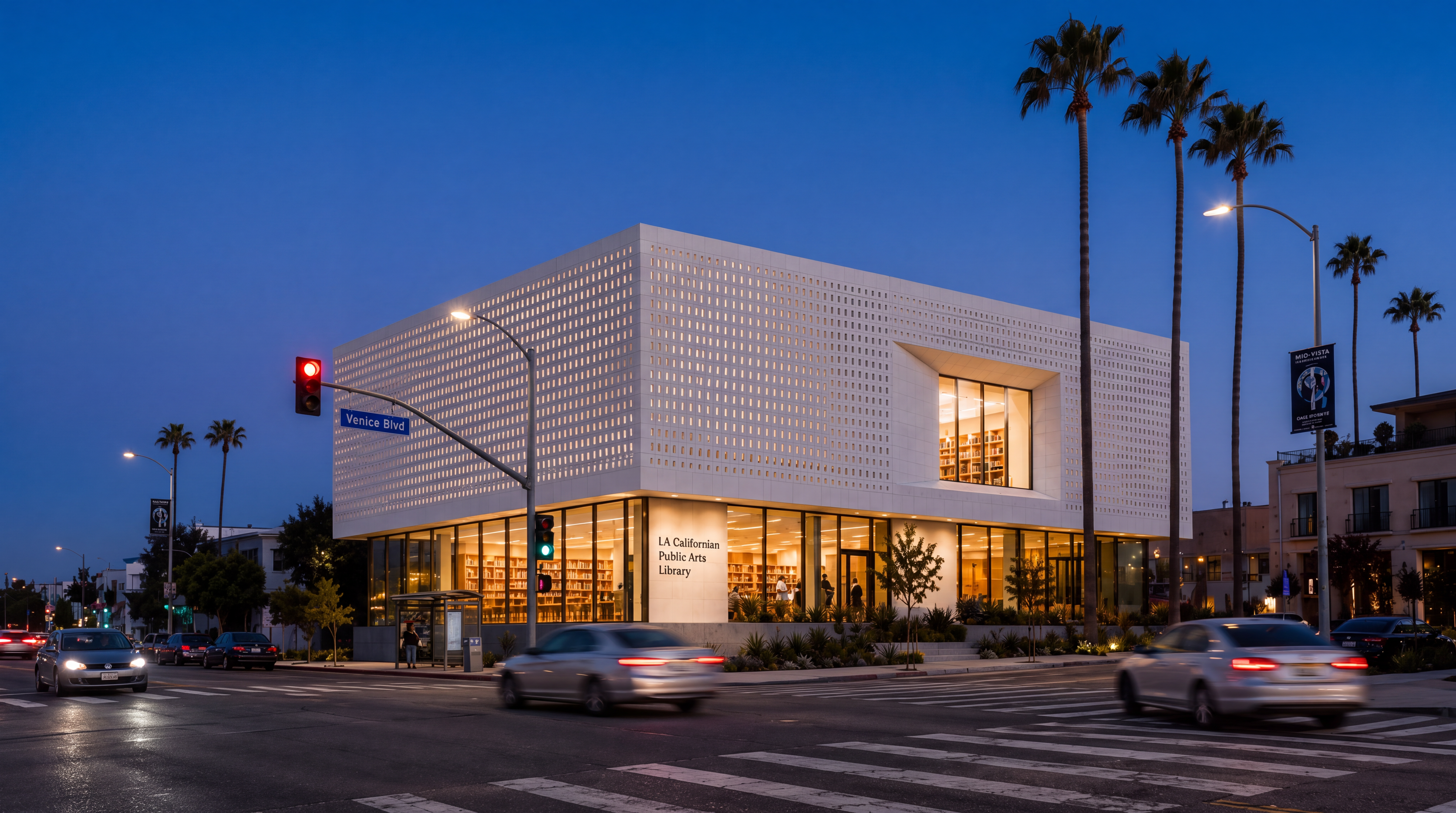 LA Californian Public Arts Library — blue hour exterior with interior warmth visible through the glazed ground floor