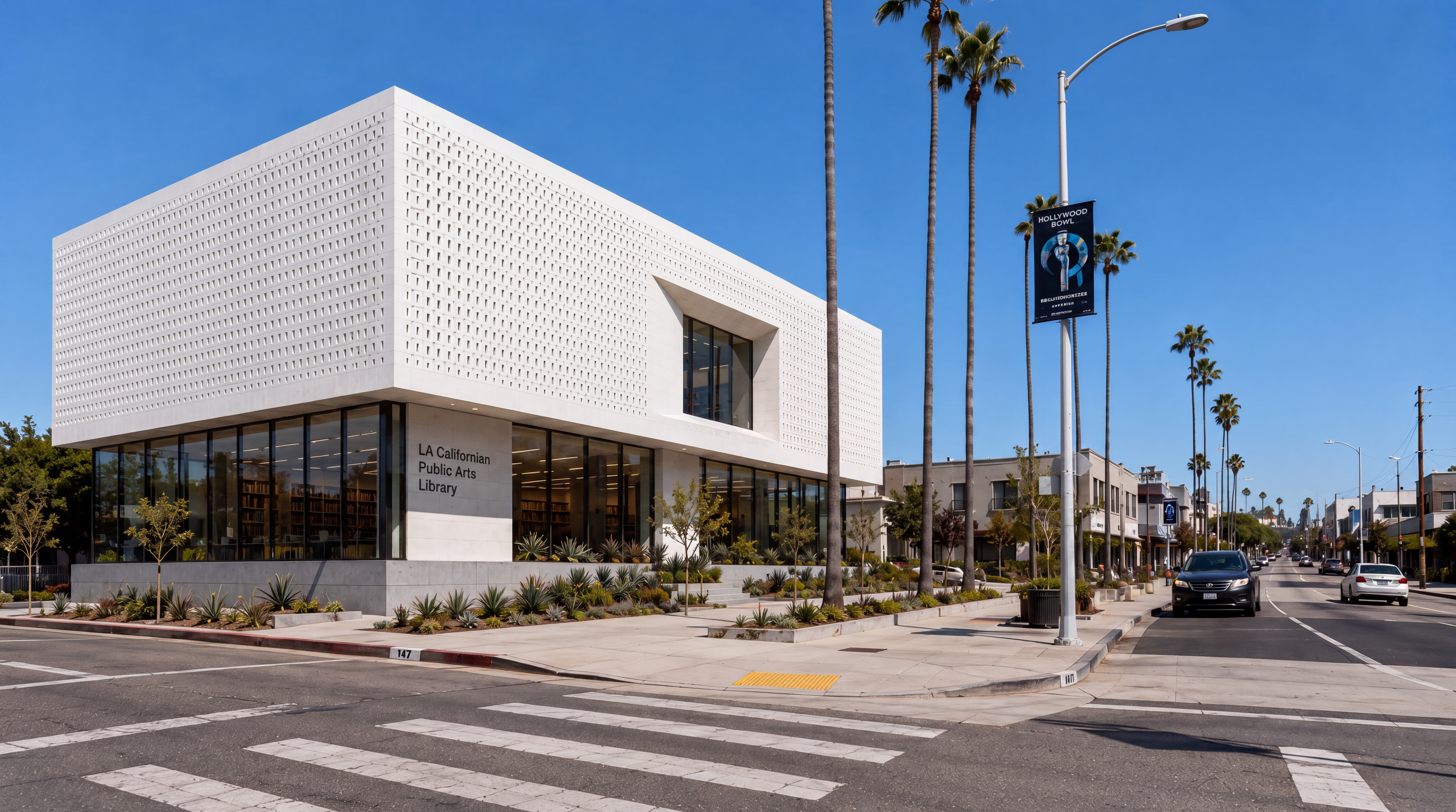 LA Californian Public Arts Library — 45-degree corner approach from the intersection