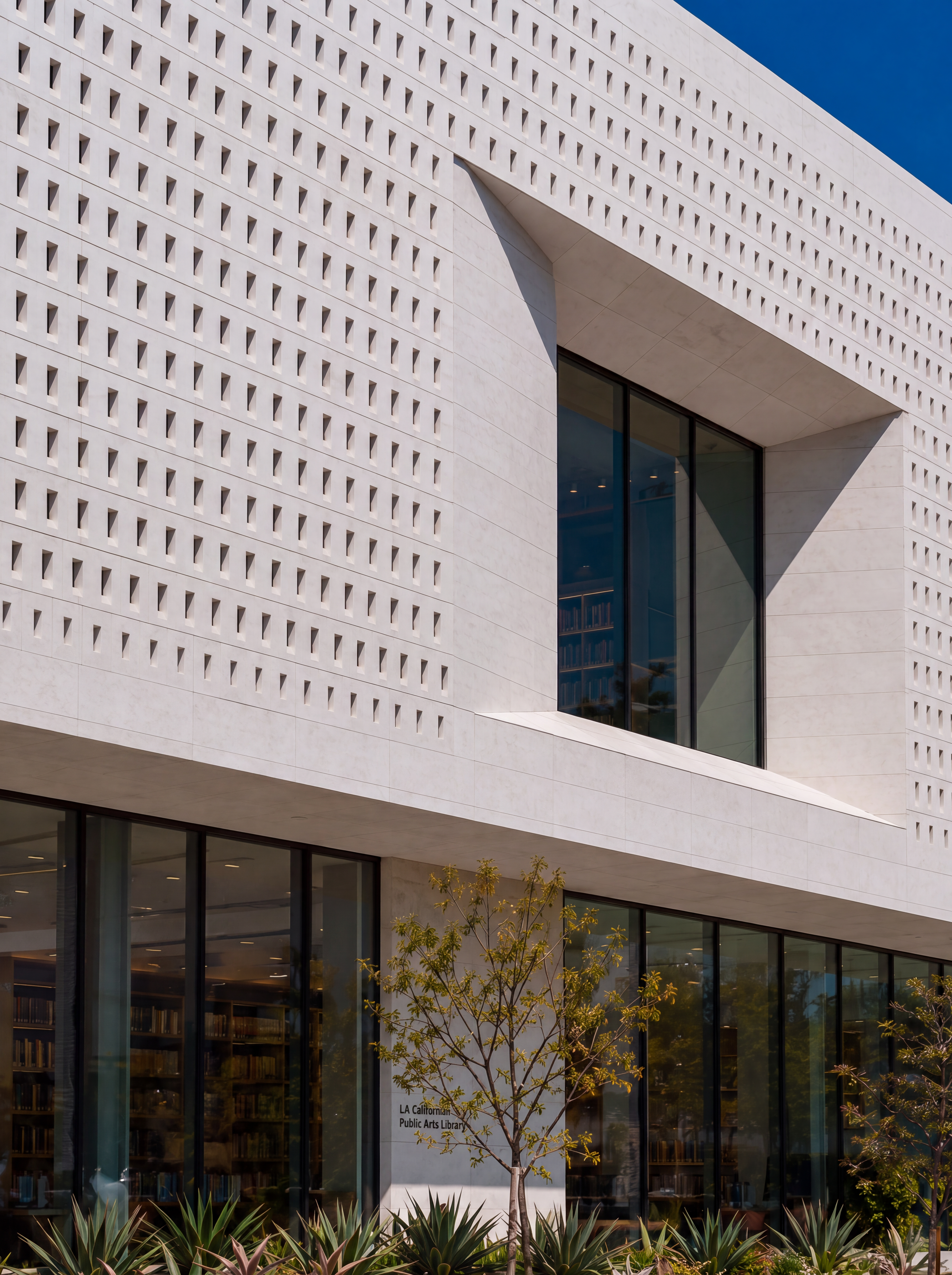 LA Californian Public Arts Library — close detail of perforated white precast concrete façade panels