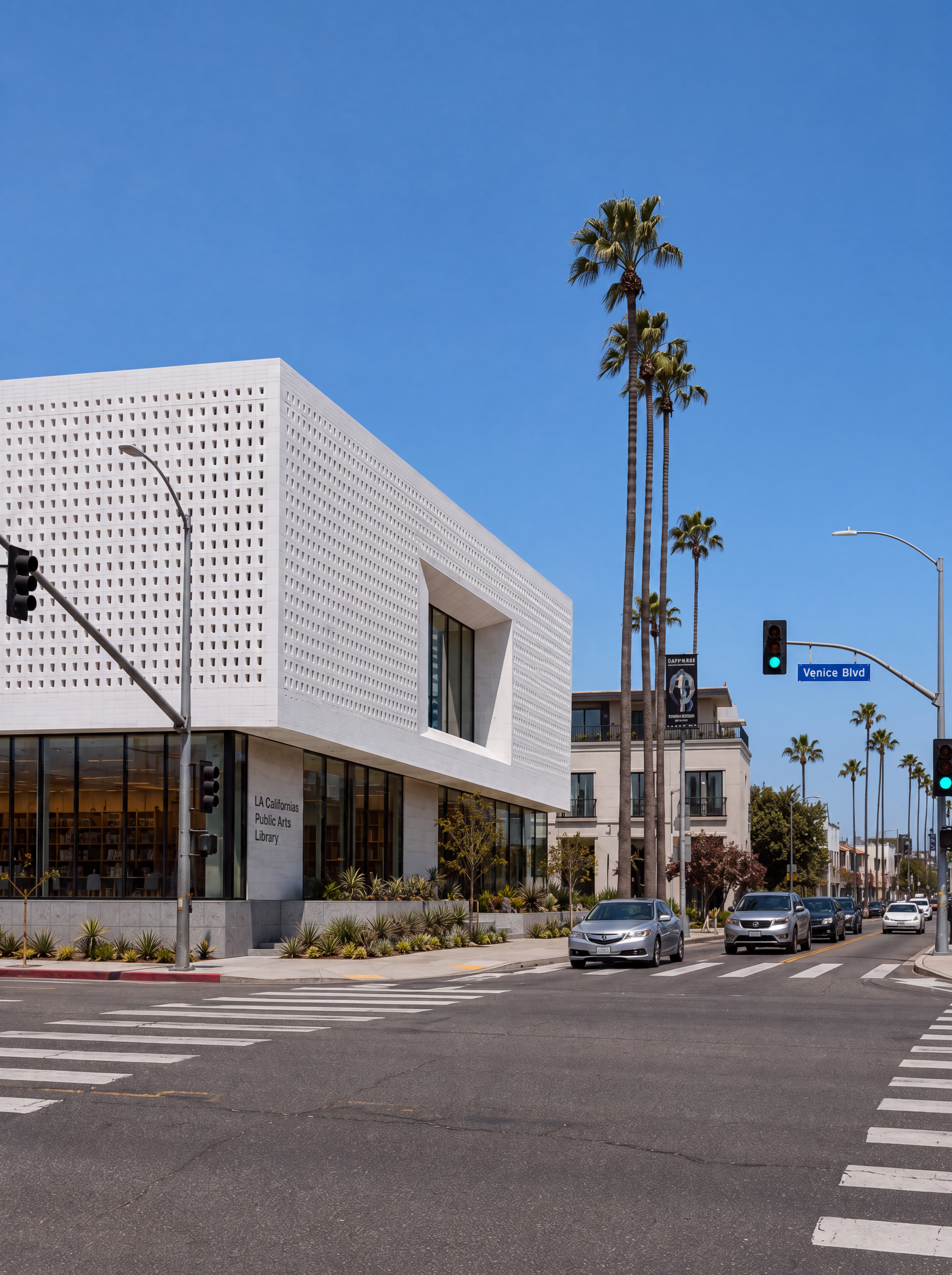 LA Californian Public Arts Library — full-height perforated façade seen from the road