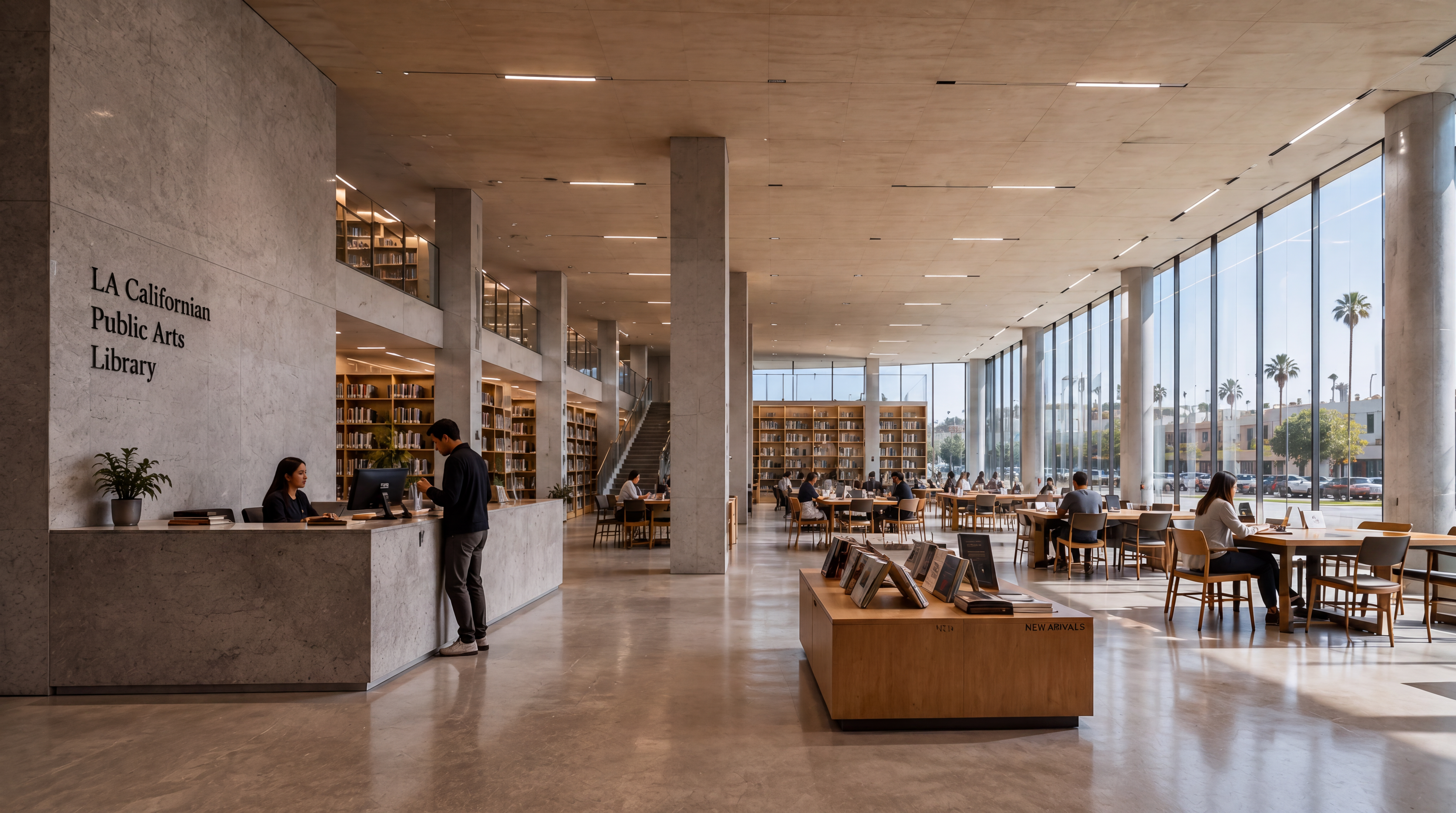 LA Californian Public Arts Library — naturally lit main reading hall with exposed concrete columns and oak shelving