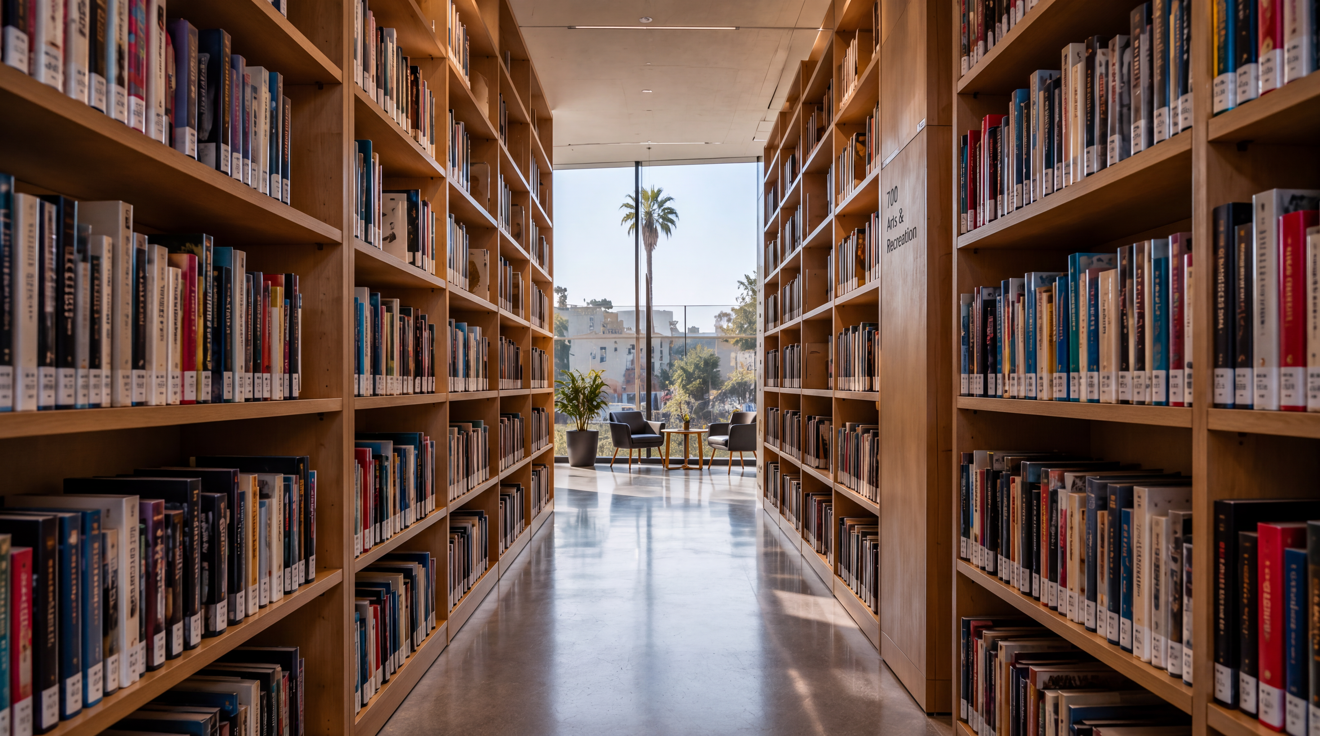 LA Californian Public Arts Library — library stacks with natural light and framed view toward the street