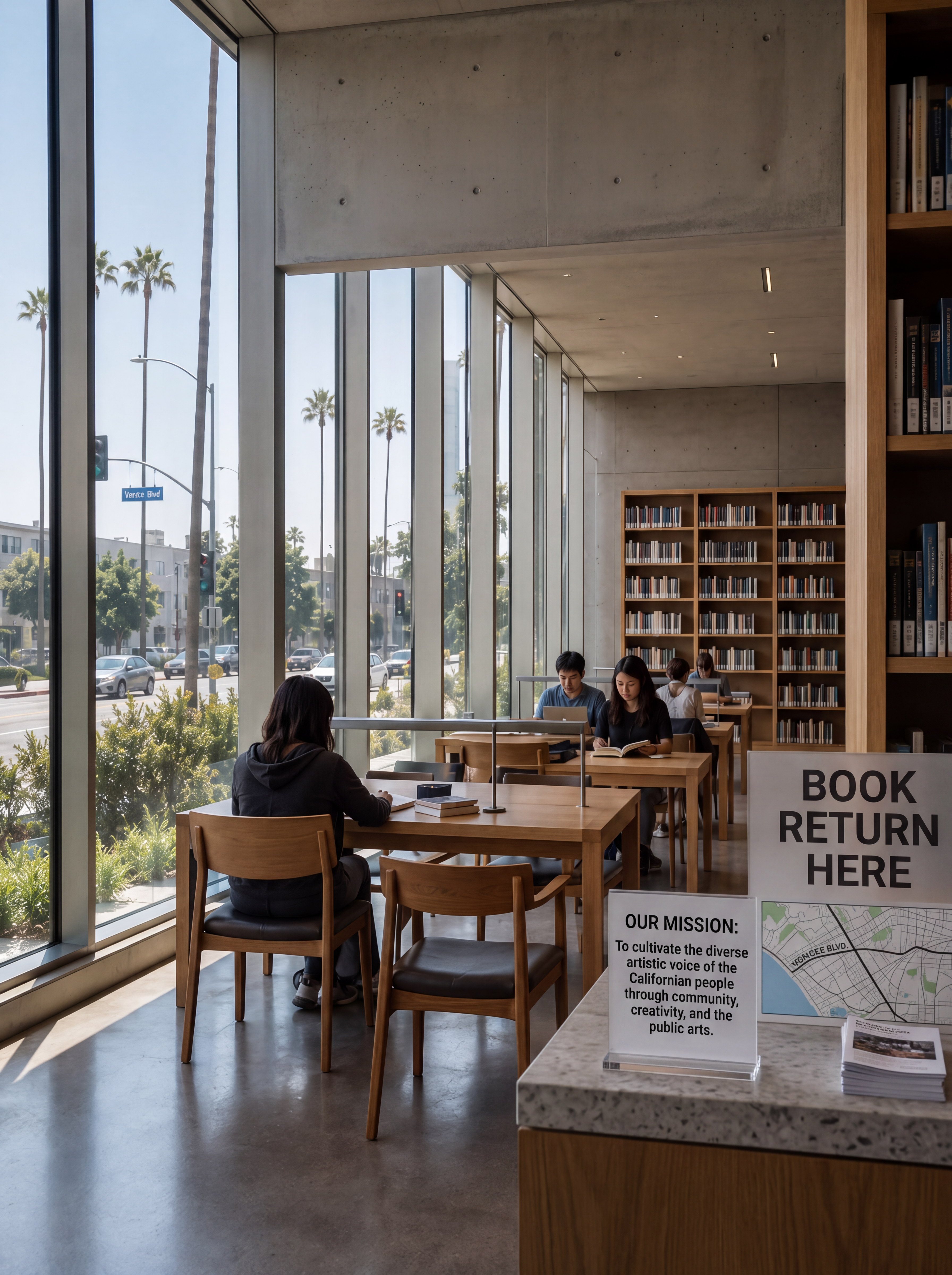 LA Californian Public Arts Library — reading room with floor-to-ceiling glazing and views to Venice Boulevard