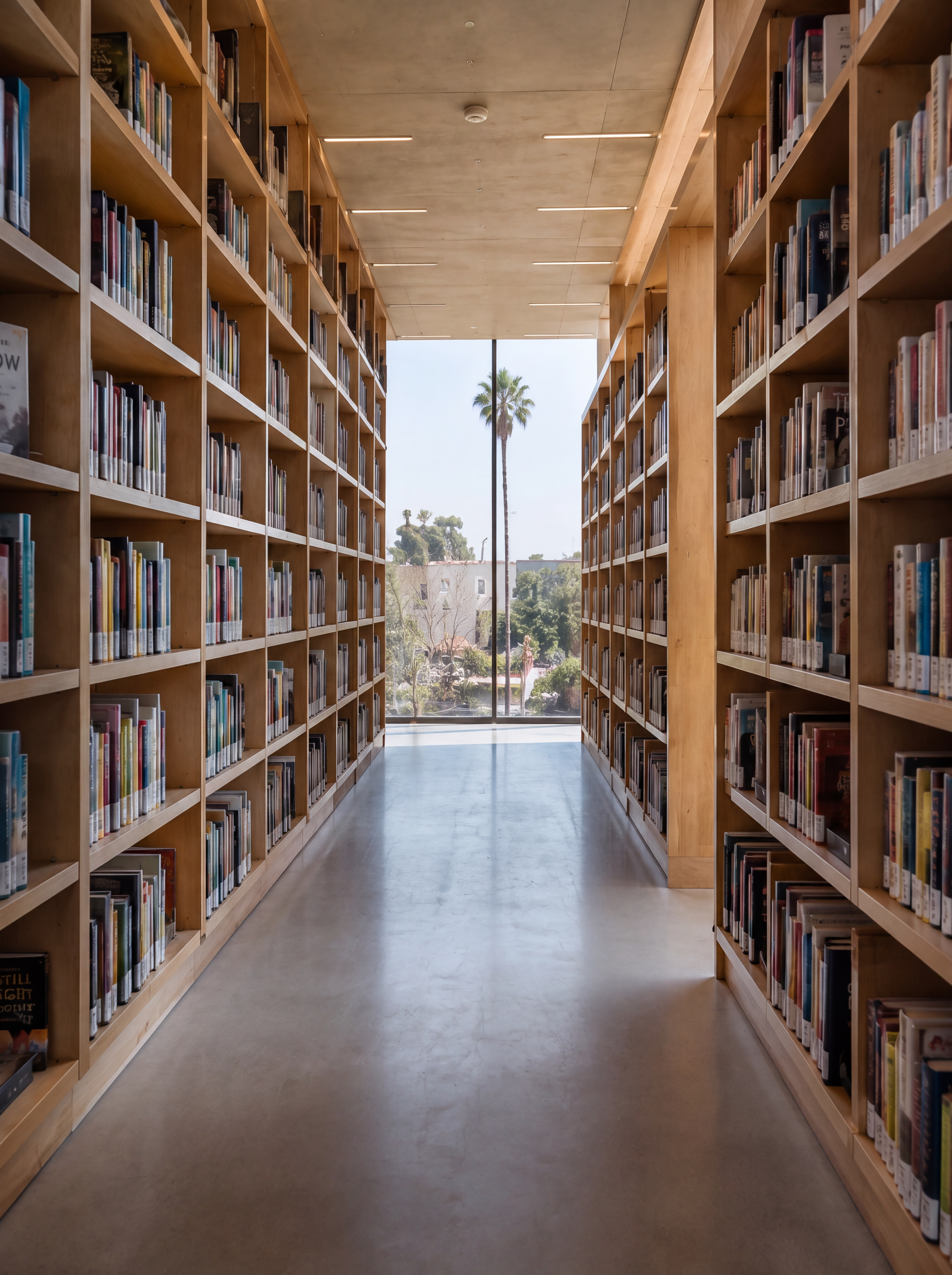 LA Californian Public Arts Library — upper-level oak shelving corridor with glazed end wall and palm tree view