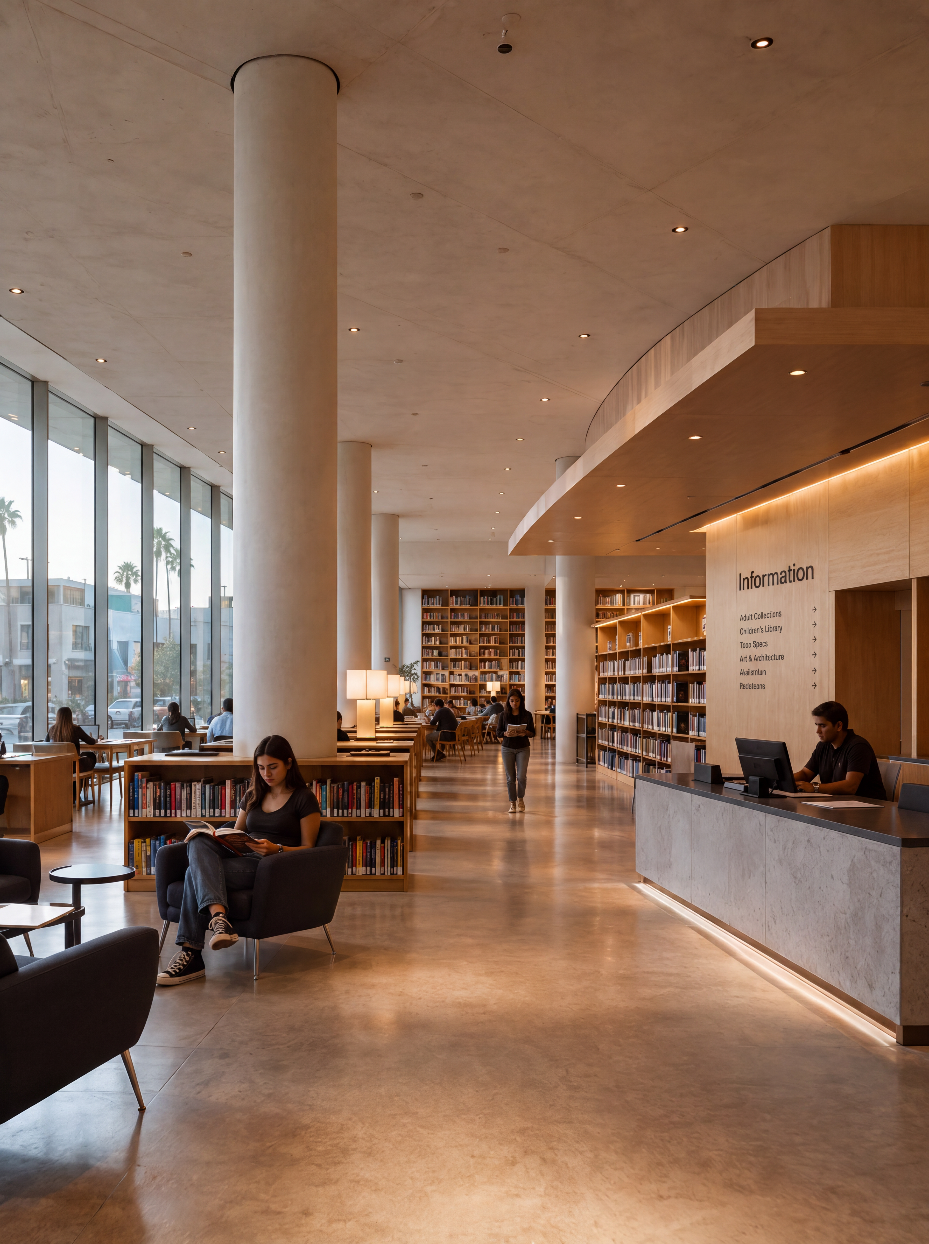 LA Californian Public Arts Library — information desk and civic lobby with exposed concrete and warm interior light