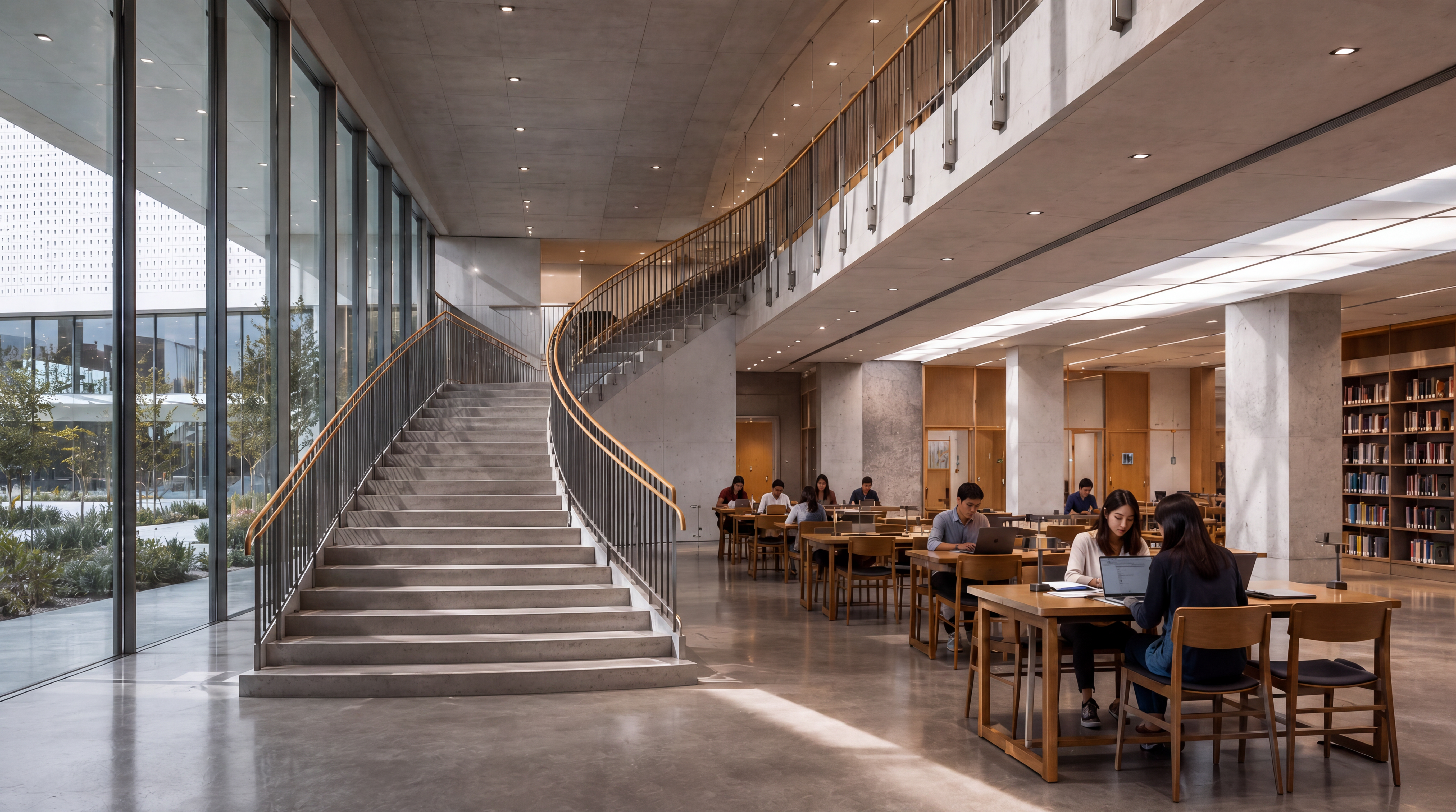 LA Californian Public Arts Library — open staircase with natural light and study tables at ground level