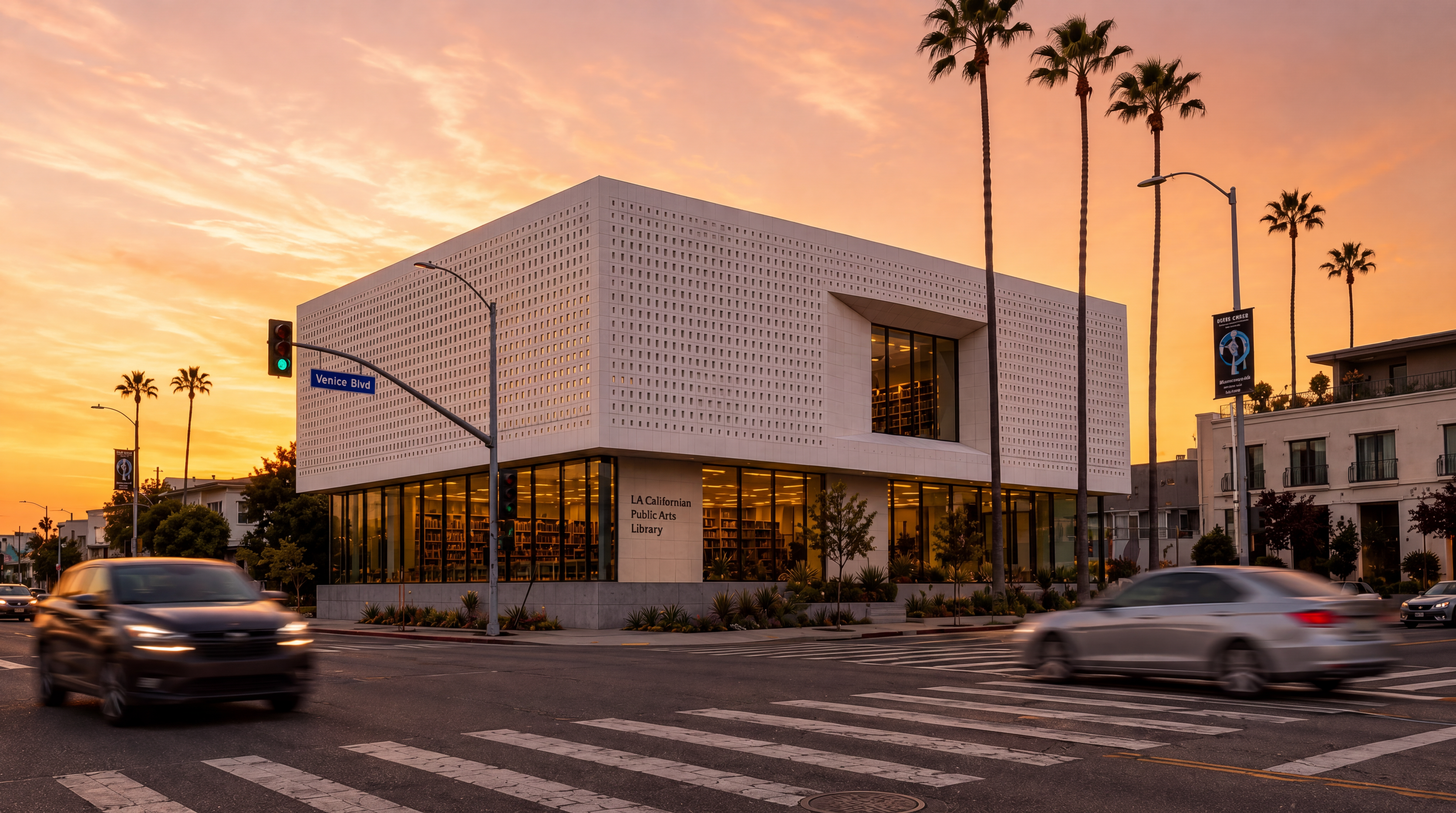 LA Californian Public Arts Library — warm sunset light across the civic corner, Los Angeles
